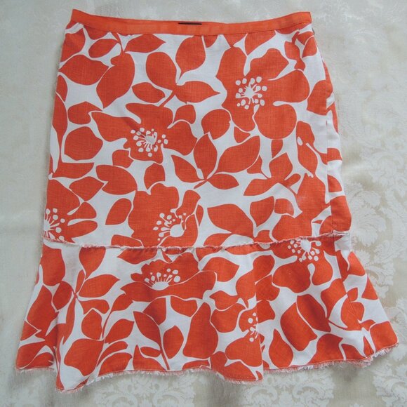 J. Crew Orange & White Floral Linen Trumpet Skirt 8 - Picture 2 of 7